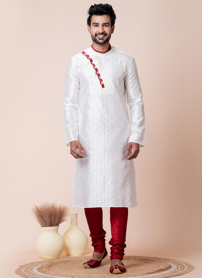 Silk White Festival Wear Printed Readymade Kurta Pajama